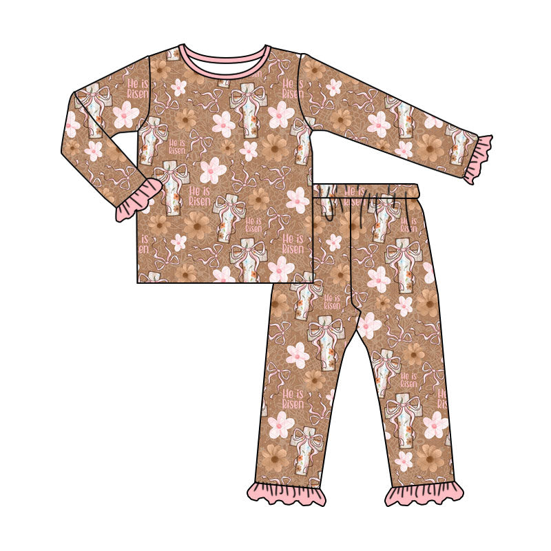 Preorder (moq 5) Baby Girl Clothes He Is Risen Cross Floral Allover Print Long Sleeve Ruffle Pajama Set