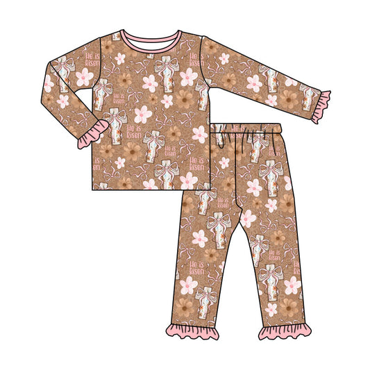 Preorder (moq 5) Baby Girl Clothes He Is Risen Cross Floral Allover Print Long Sleeve Ruffle Pajama Set