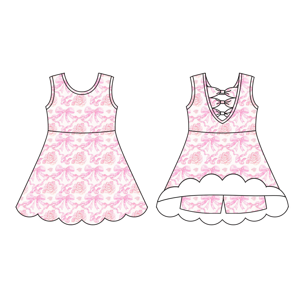 Preorder (moq 5)Baby Girls Sleeveless Pink Bows Rose Flowers Short Knee Length Dress