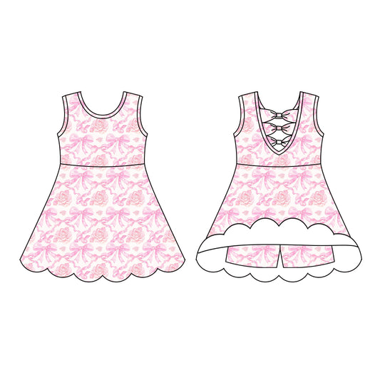 Preorder (moq 5)Baby Girls Sleeveless Pink Bows Rose Flowers Short Knee Length Dress