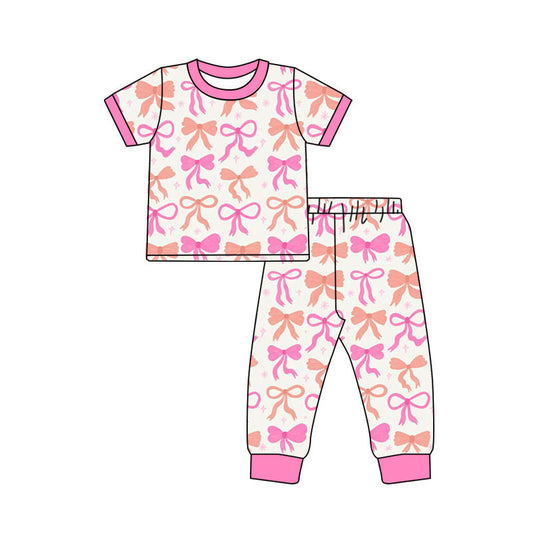 Preorder(moq 8)Baby Girls Orange Pink Bows Stars Top Pant Pajamas Sets