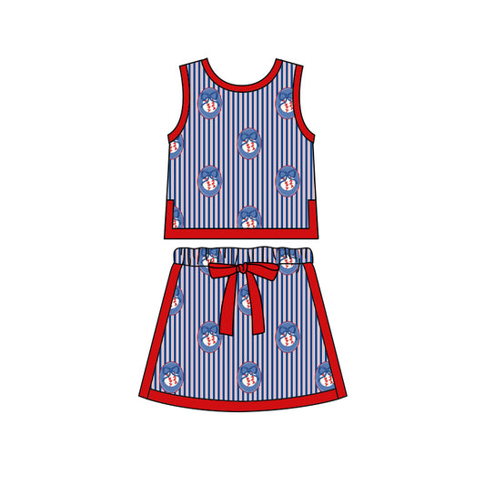 Preorder moq 5 Baby Girls Bows Baseballs Stripe Vests Skirt Shorts Team Clothes Set