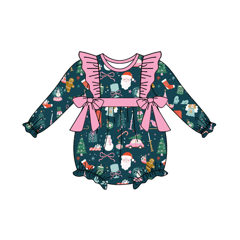 Preorder (moq 5)Baby Girls Green Long Sleeves Santa Bows Gifts Plaid Ruffle Romper