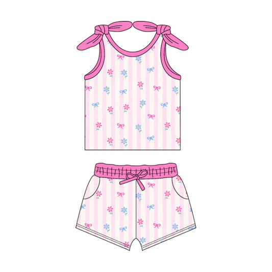 Preorder (moq 5)Baby Girls Pink Stripes Bows Summer Shirt Top Shorts Clothes Sets