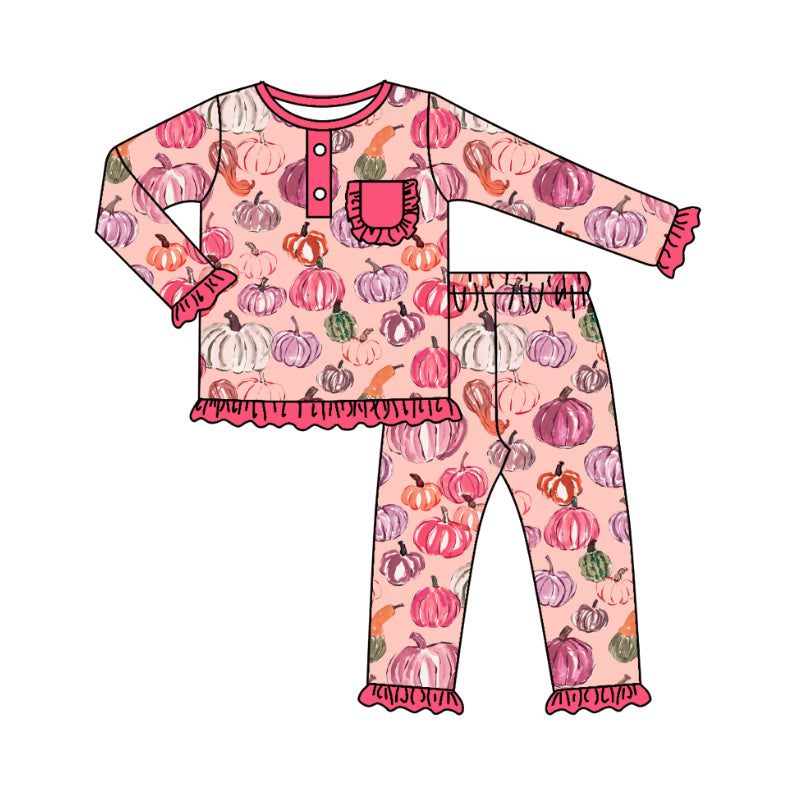 Preorder (moq 5)Baby Girls Colorful Pumpkins Button Pocket Top Ruffle Pant Fall Pajamas Set