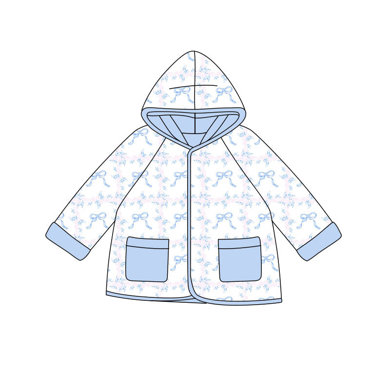 Preorder(moq 5) Baby Girls Blue Bows Flowers Pockets Zipper Hoodies Jacket Top
