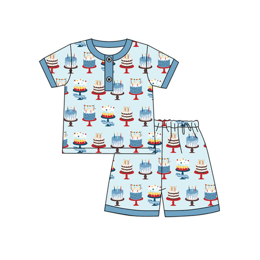 Preorder (moq 5)Baby Boys Blue Short Sleeves Button Birthday Cakes Top Short Pajamas Set Preorder