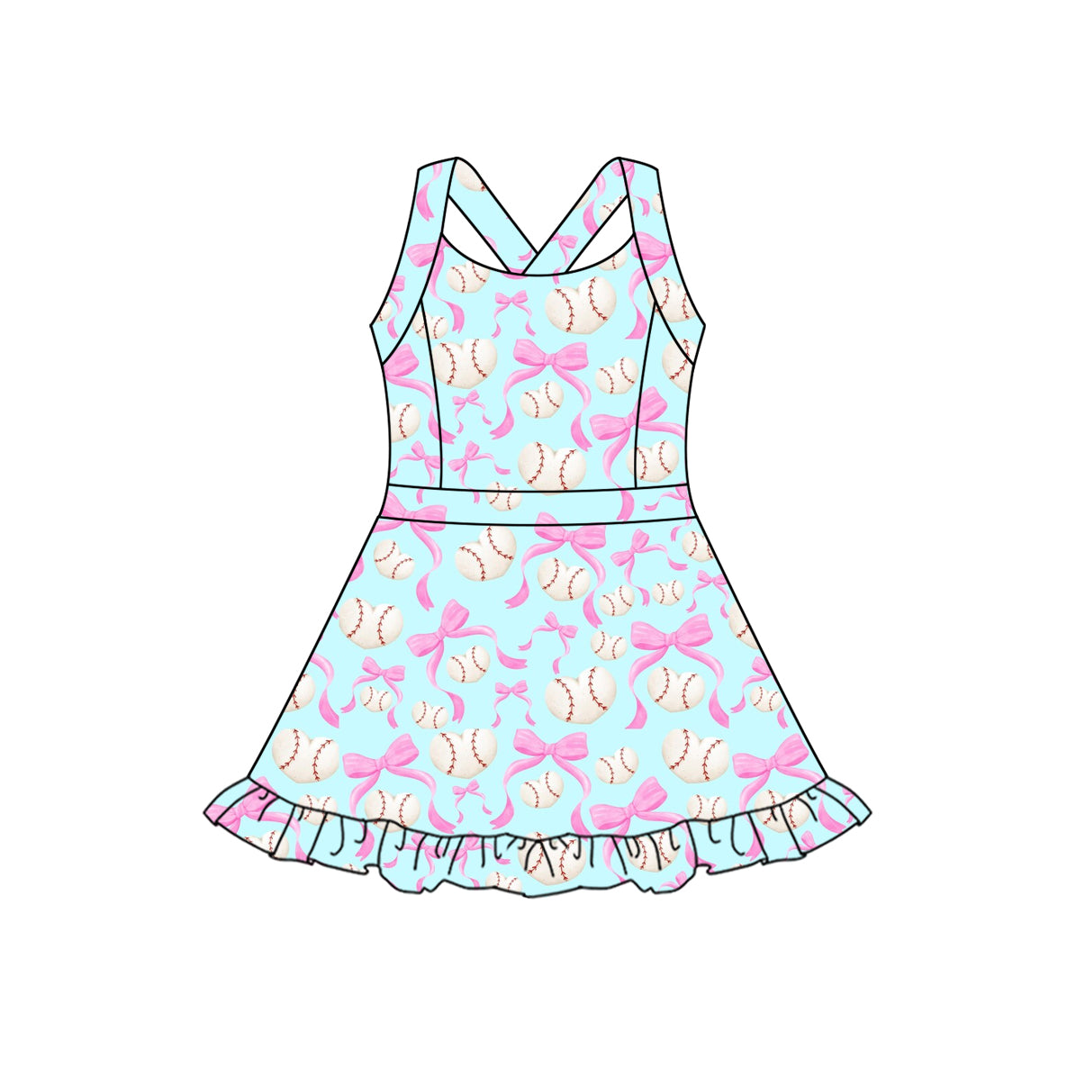 Preorder (moq 5)Baby Girls Blue Strap Bows Heart Baseballs Yoga Ruffle Knee Length Dresses