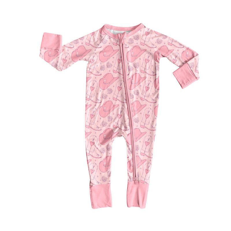 Preorder (moq 20)Baby Girls Bamboo Pink Heart Boots Hats Valentine Zipper Footie Rompers
