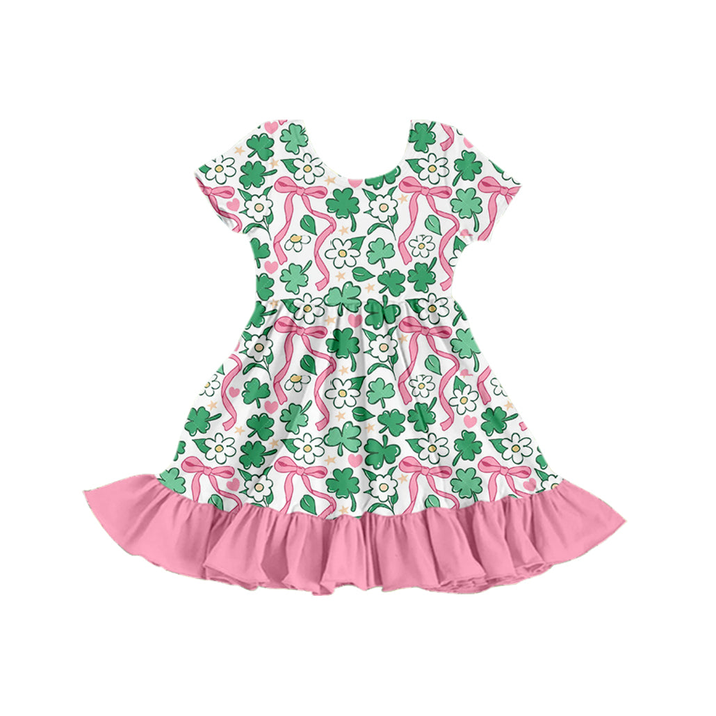 Preorder (moq 5) Baby Girl Clothes Clover Pink Bow Floral Heart Print Short Sleeve Ruffle Twirl Dress