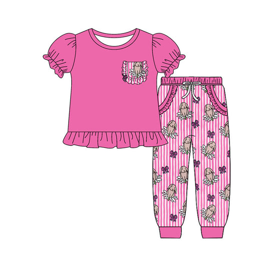 Preorder(moq 8)Baby Girls Pink Ruffle Top Rabbits Flowers Pockets Stripe Pants Easter Clothes Sets
