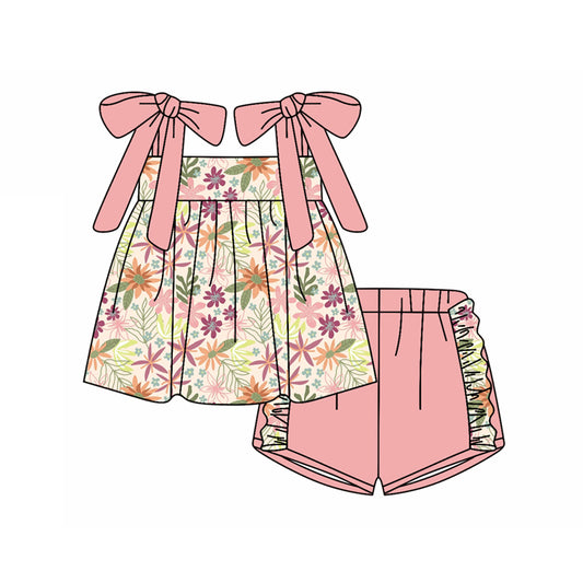Preorder (moq 5)Baby Girls Peach Strap Colorful Floral Tunic Ruffle Shorts Clothes Sets