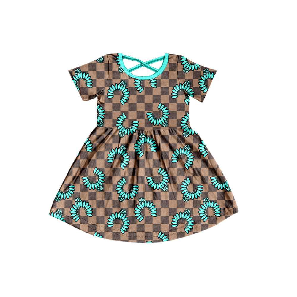 Preorder (moq 5)Baby Kids Short Sleeve Khaki Checked Turquoises Western Knee Length Dresses