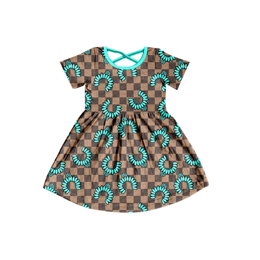 Preorder (moq 5)Baby Kids Short Sleeve Khaki Checked Turquoises Western Knee Length Dresses