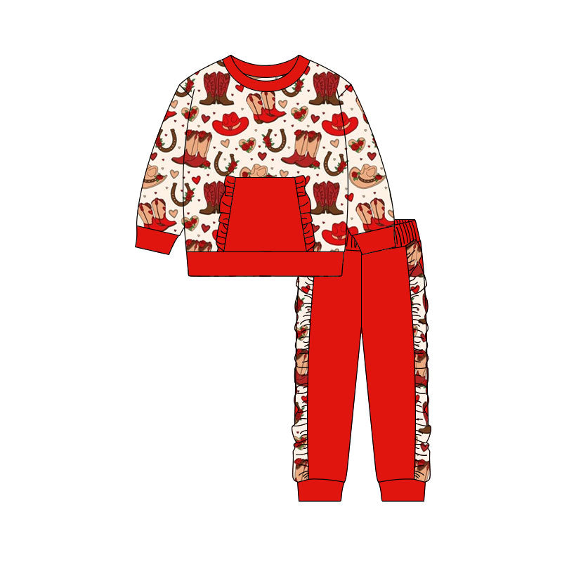 Preorder(moq 5) Baby Girls Hearts Boots Pocket Top Ruffle Pants Western Clothes Sets