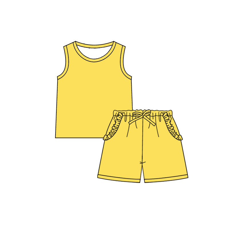 Preorder (moq 5)Baby Girls Yellow Sleeveless Shirt Ruffle Pockets Shorts Clothes Sets