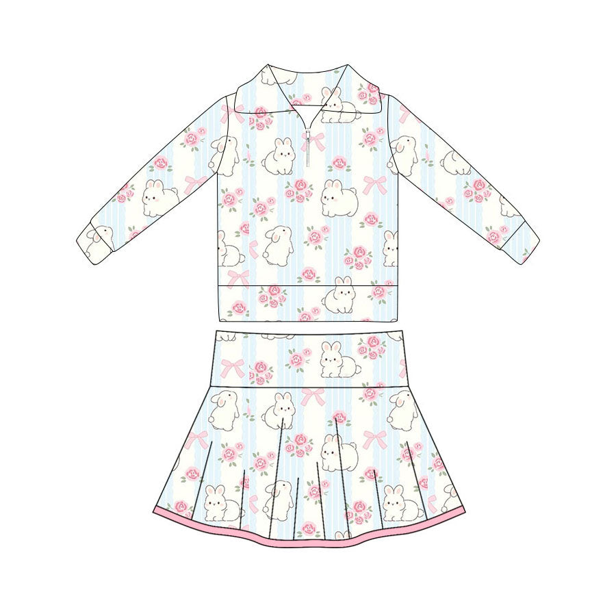 Preorder(moq 5) Baby Girls Rabbits Flowers Zipper Pullovers Pleated Skirt Shorts Easter Clothes Sets