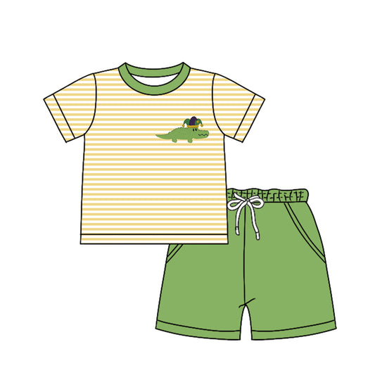 Preorder (moq 5)Baby Boys Stripes Mardi Gras Crocodile Shirts Pockets Shorts Clothes Sets