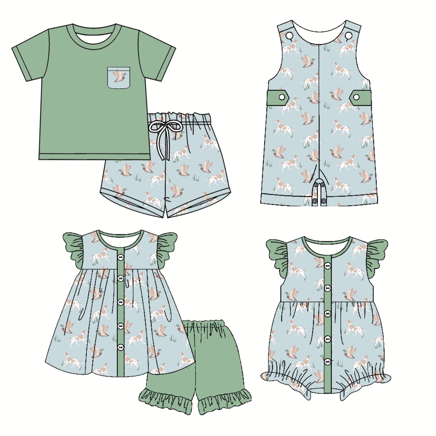 Preorder moq 5 Custom Baby Kids Aqua Button Pocket Ducks Dogs Top Short Sets Rompers