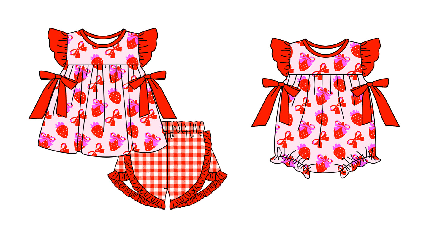 Preorder(moq 5 each) Baby Girls Pink Red Strawberry Bows Romper Shorts Sets