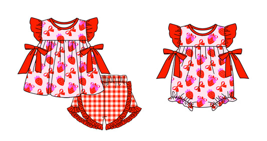 Preorder(moq 5 each) Baby Girls Pink Red Strawberry Bows Romper Shorts Sets