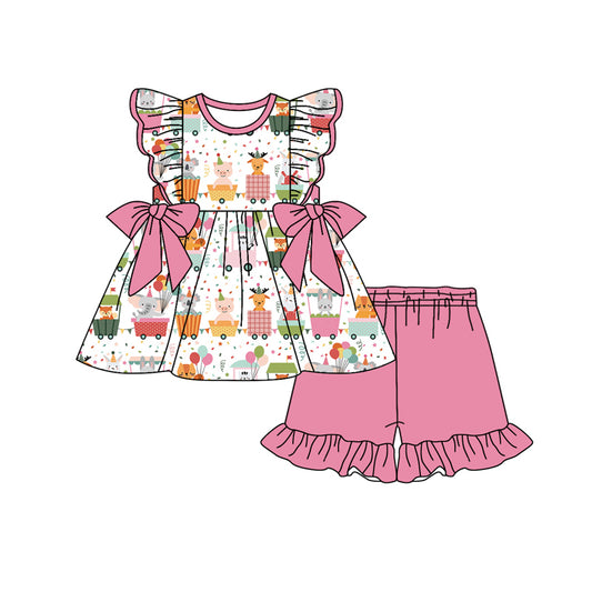 Preorder (moq 5)Baby Girls Pink Birthday Animals Bows Tunic Top Shorts Clothes Sets