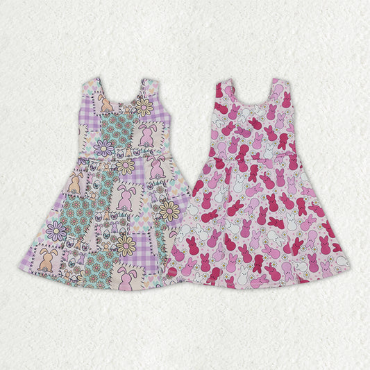 Sibling Baby Girls Sleeveless Rabbits Flowers Yoga Active Shorts Ruffle Knee Length Dresses