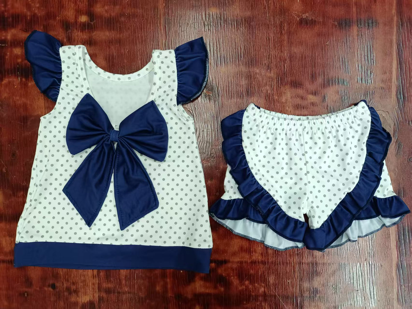 Preorder moq 5 Baby Girls Navy Flutter Sleeves Polka Dots Ole Miss Tunic Ruffle Short Sets