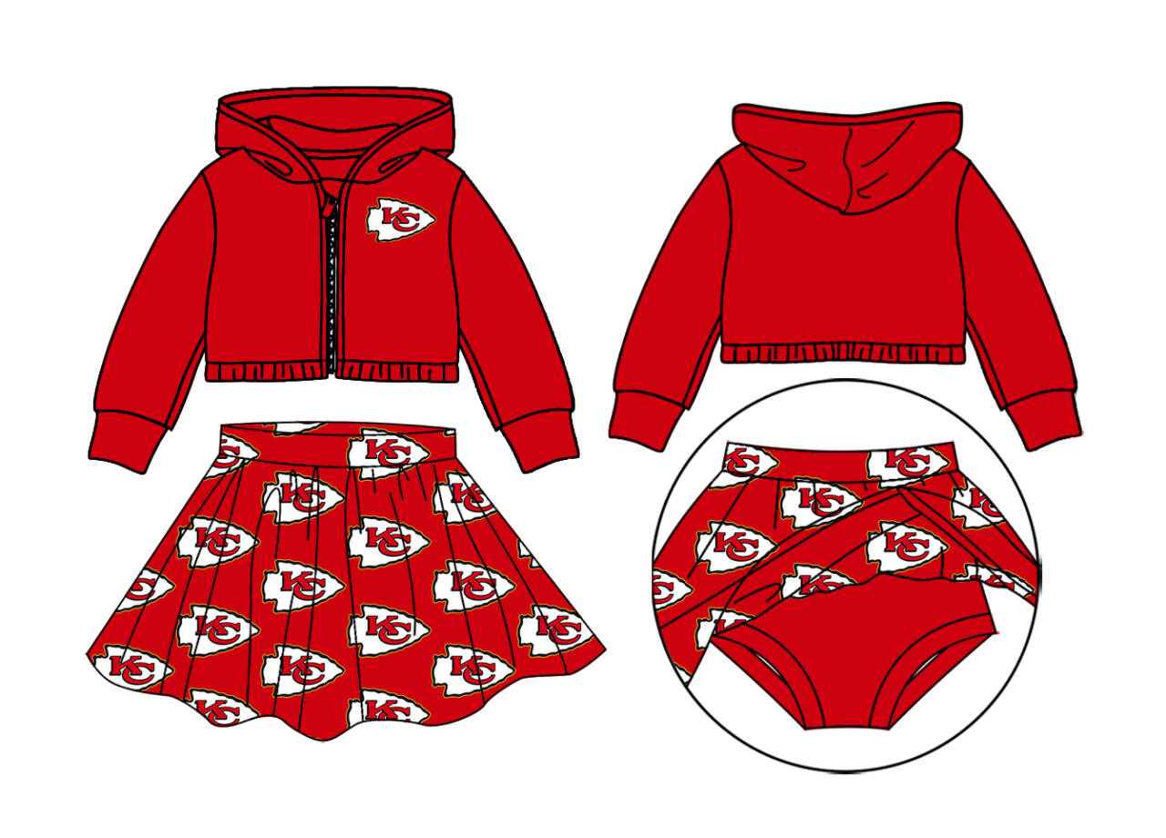Preorder moq 5 Baby Girls Red KC Zipper Hoodies Jacket Skorts Team Clothes Set