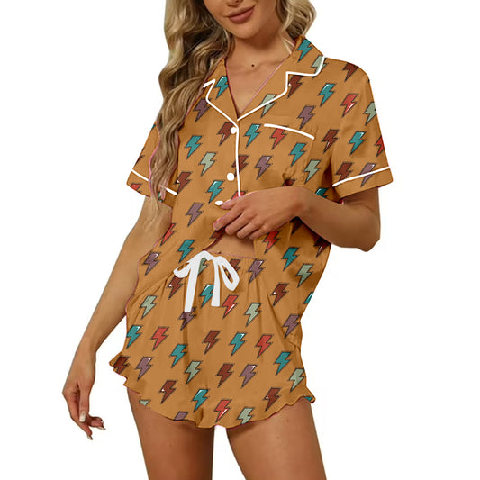 Preorder moq 5 Adult Women Western Lightening Button Pocket Top Short Pajamas