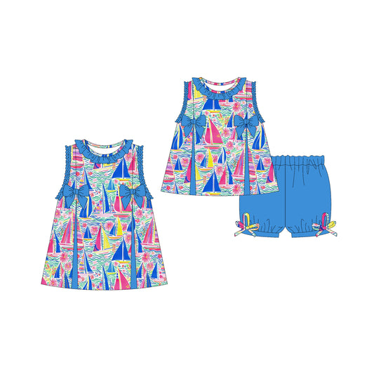 Preorder moq 5 Custom Baby Girls Sleeveless Hot Blue Watercolor Boats Tunic Ruffle Short Set Knee Length Dresses