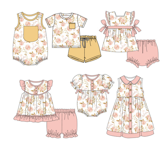 Preorder moq 5 Custom Baby Kids Pink Pocket Button Floral Print Top Short Bummies Sets Dresses And Rompers