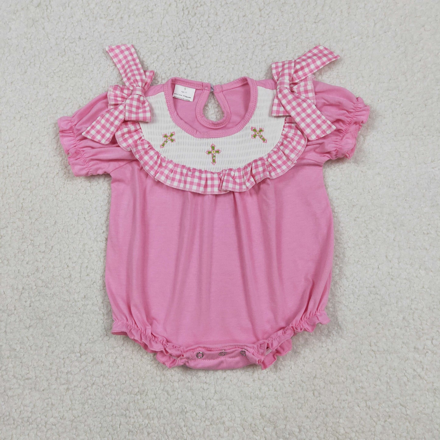 Sibling Smocked Crosses Baby Girls Pink Short Sleeve Easter Knee Length Dress Ruffle Rompers