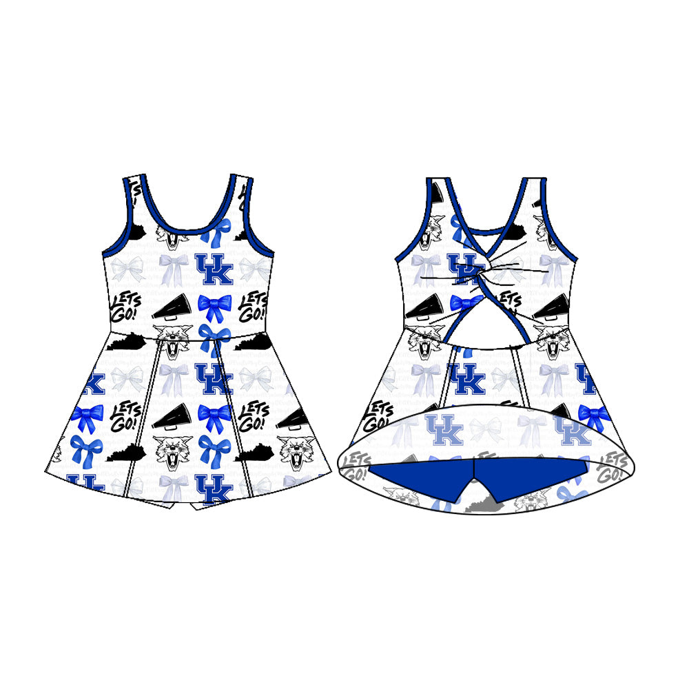 Preorder (moq 5)Baby Girls Sleeveless Blue Bows UK Shorts Team Knee Length Dresses