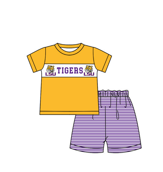 Preorder (moq 5)Baby Boys Short Sleeve LSU Tigers Top Stripe Shorts Team Clothes Sets