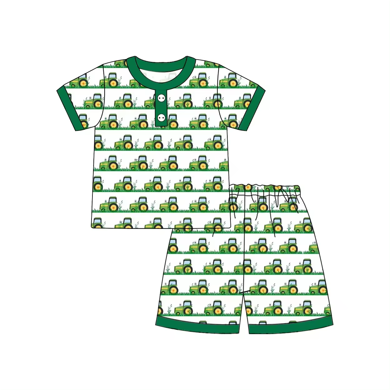 Baby Boys Green Tractor Shirt Shorts Pajamas Clothes Sets Preorder(moq 5)