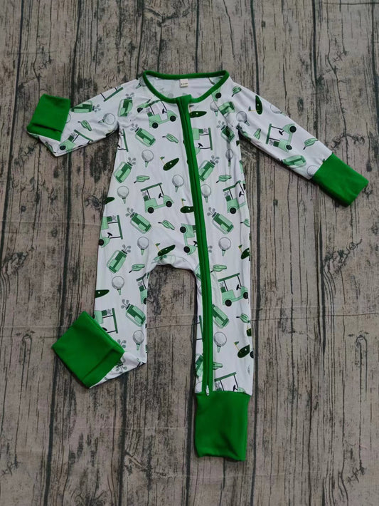 Preorder (moq 20)Baby Boys Green Golf Bamboo Two Way Zip Convertible Rompers