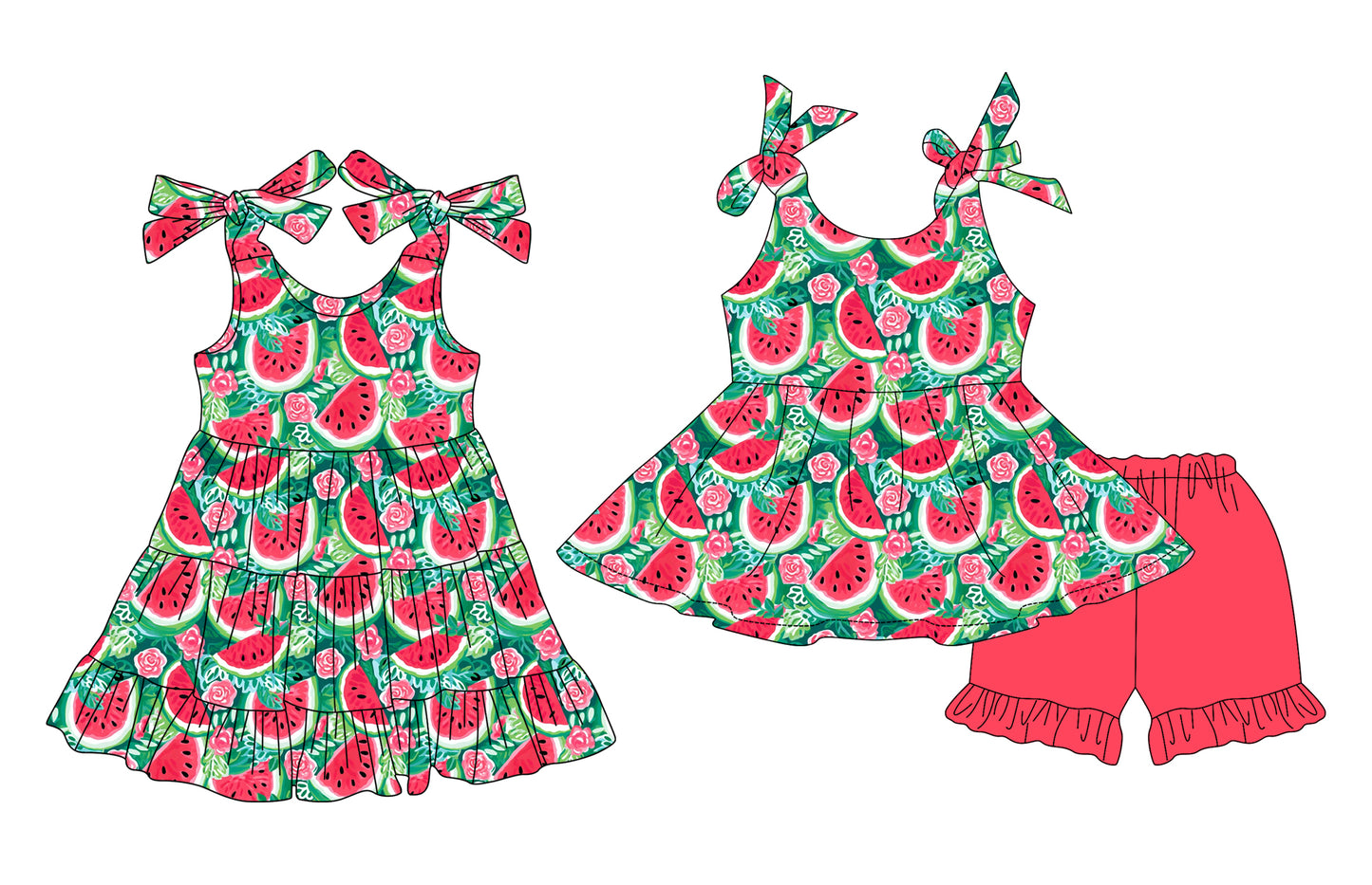 Preorder moq 5 Custom Baby Girls Strap Watermelon Tunic Red Ruffle Short Set Knee Length Dresses