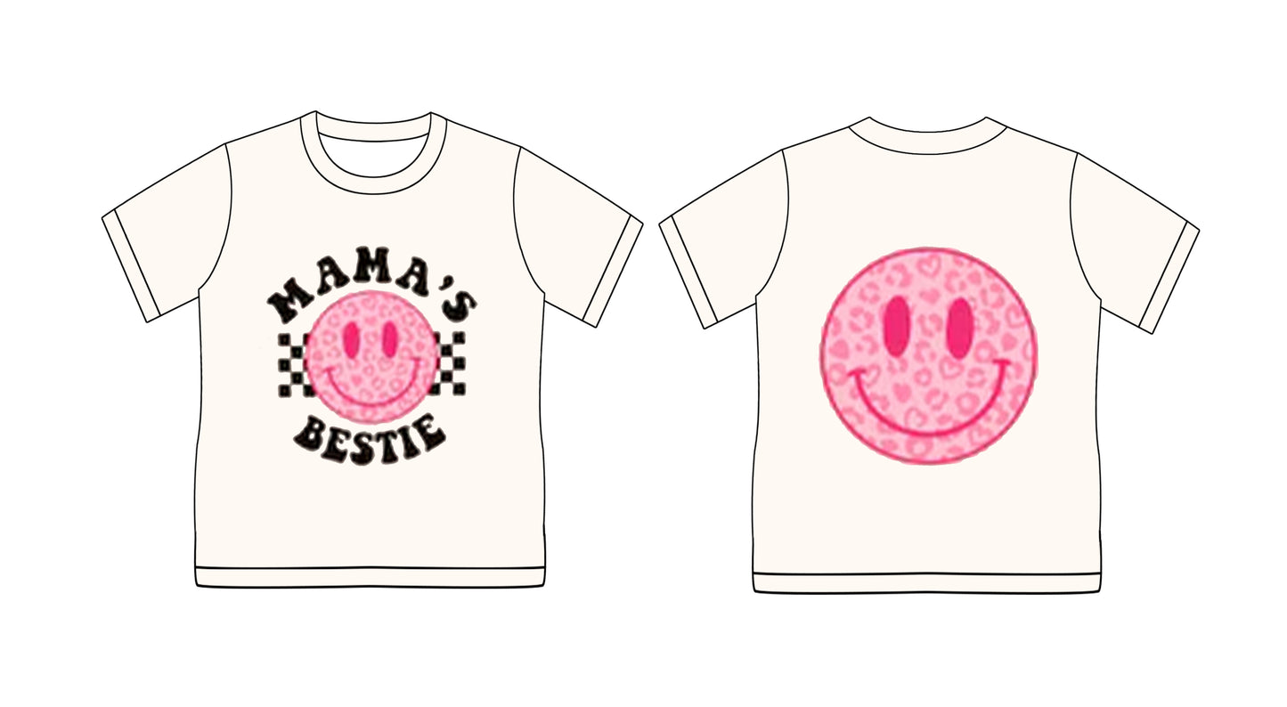 Preorder (moq 5)Baby Girls Mama's Bestie Smile Leopard Short Sleeve Tee Shirts