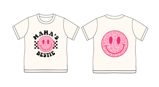 Preorder (moq 5)Baby Girls Mama's Bestie Smile Leopard Short Sleeve Tee Shirts