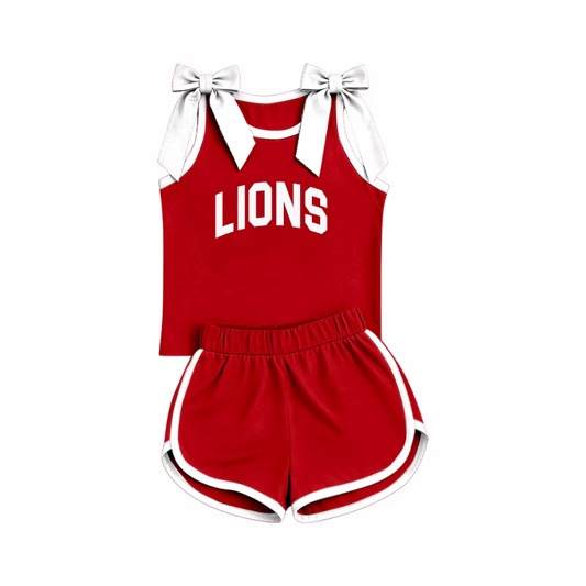 Preorder (moq 5)Baby Girls Lion Red Team Bows Shirts Shorts Clothes Sets