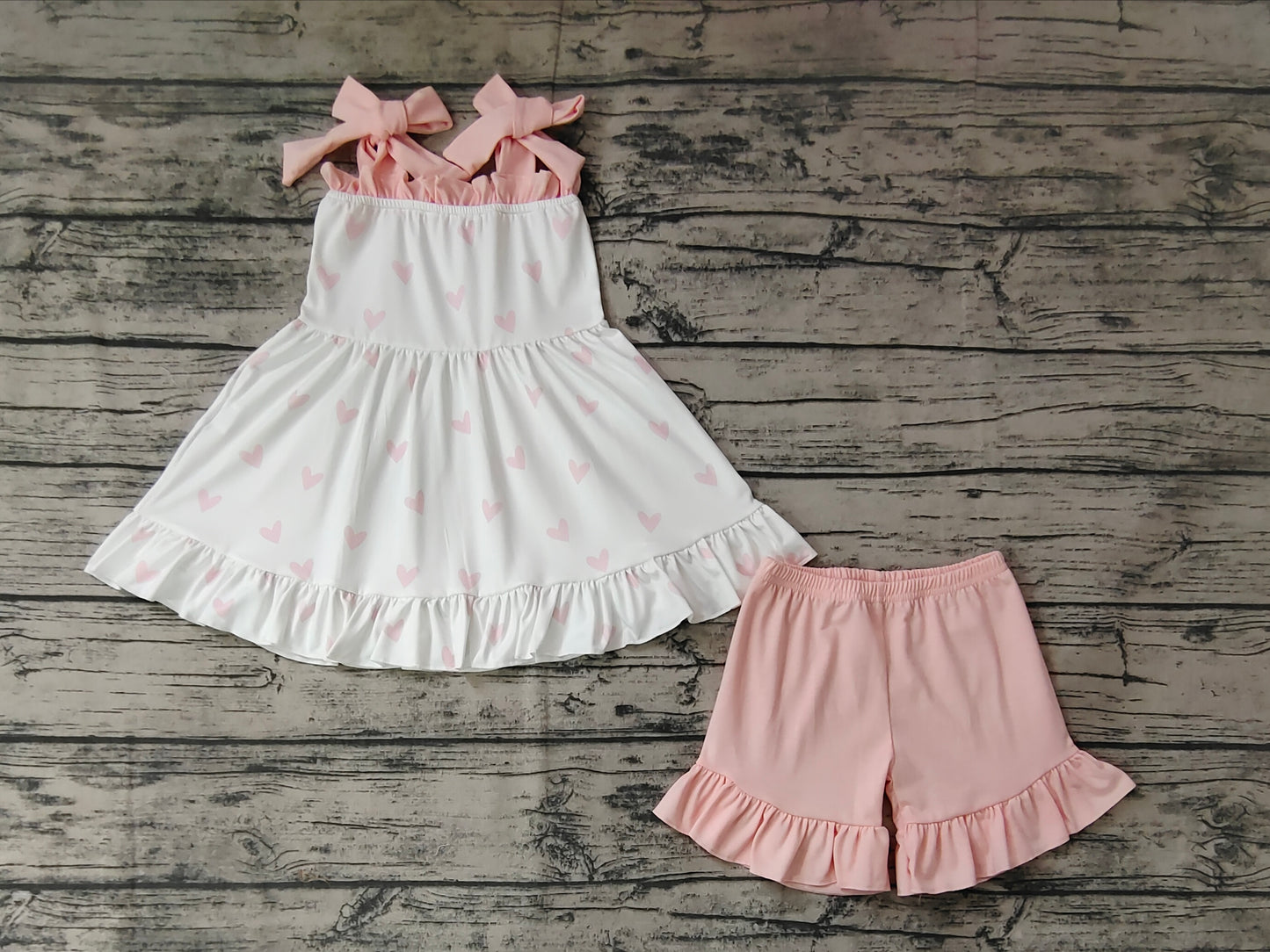 Baby Girls Valentines Pink Hearts Straps Tunic Shorts Outfits Clothing Sets