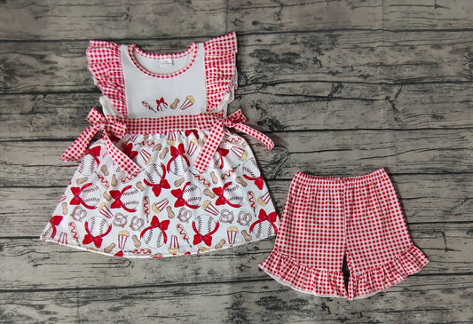 Baby Girls Baseball Bows Tunic Tops Ruffle Shorts Clothes Sets