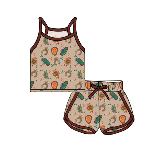 Preorder (moq 5)Baby Girls Brown Strap Turquoises Top Shorts Sport Clothes Sets