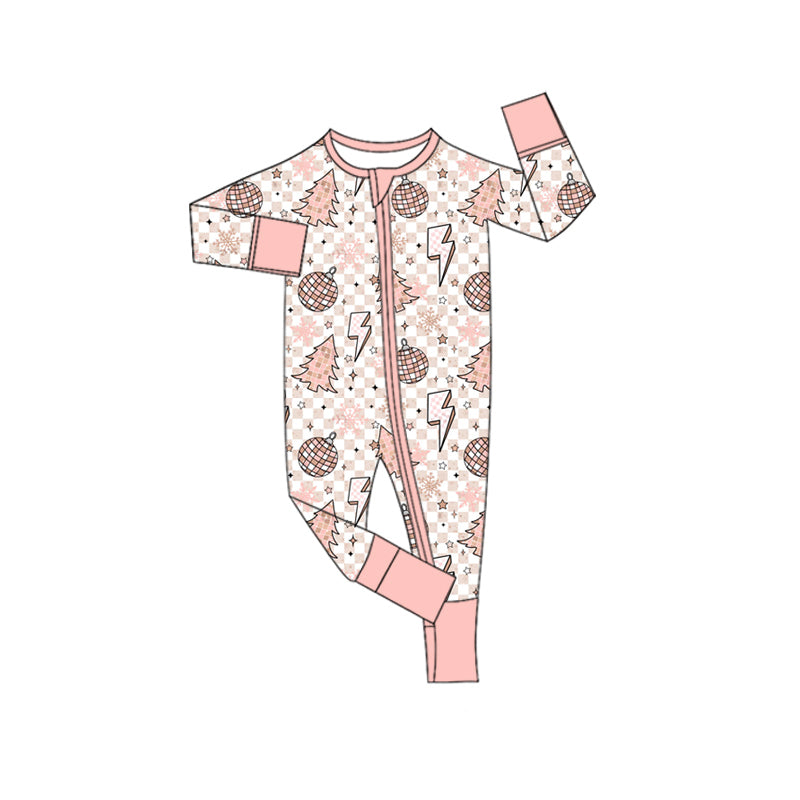 Preorder moq 5 Baby Infant Girls Long Sleeves Pink Plaid Lights Trees Zipper Romper