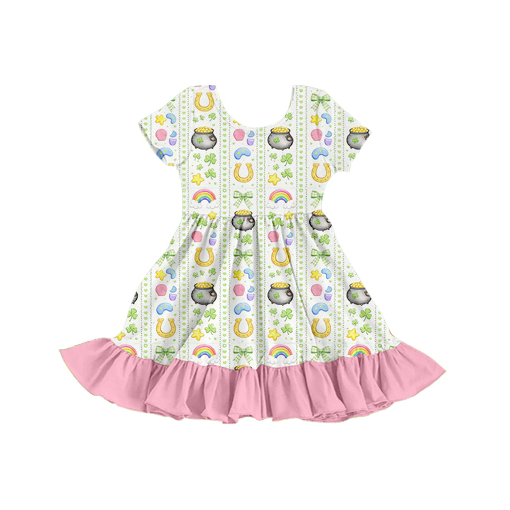 Preorder (moq 5) Baby Girl Clothes St Patrick Pot Gold Horseshoe Rainbow Print Short Sleeve Ruffle Twirl Dress