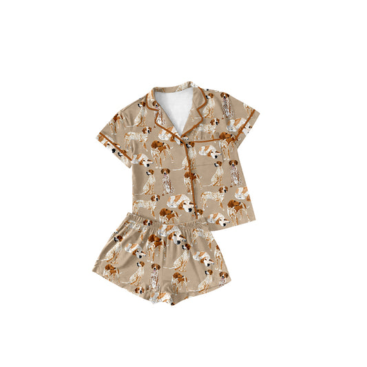 Preorder (moq 5)Baby Girls Khaki Short Sleeves Dogs Button Pocket Top Short Pajamas Set Preorder