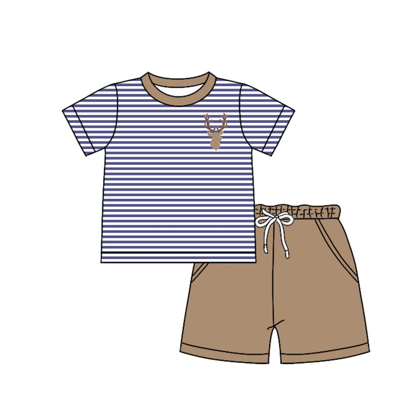 Preorder (moq 5)Baby Boys Short Sleeves Blue Stripe Deer Top Pockets Brown Short Set