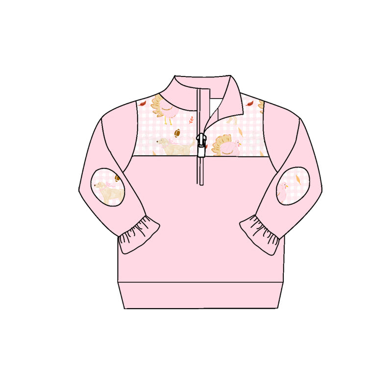 Preorder (moq 5)Baby Girls Pink Long Sleeve Dogs Turkey Footballs Zip Pullovers Top