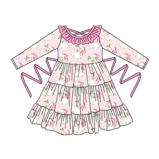 Preorder moq 5 Baby Girls Pink Long Sleeves Santa With Belt Ruffle Knee Length Dresses